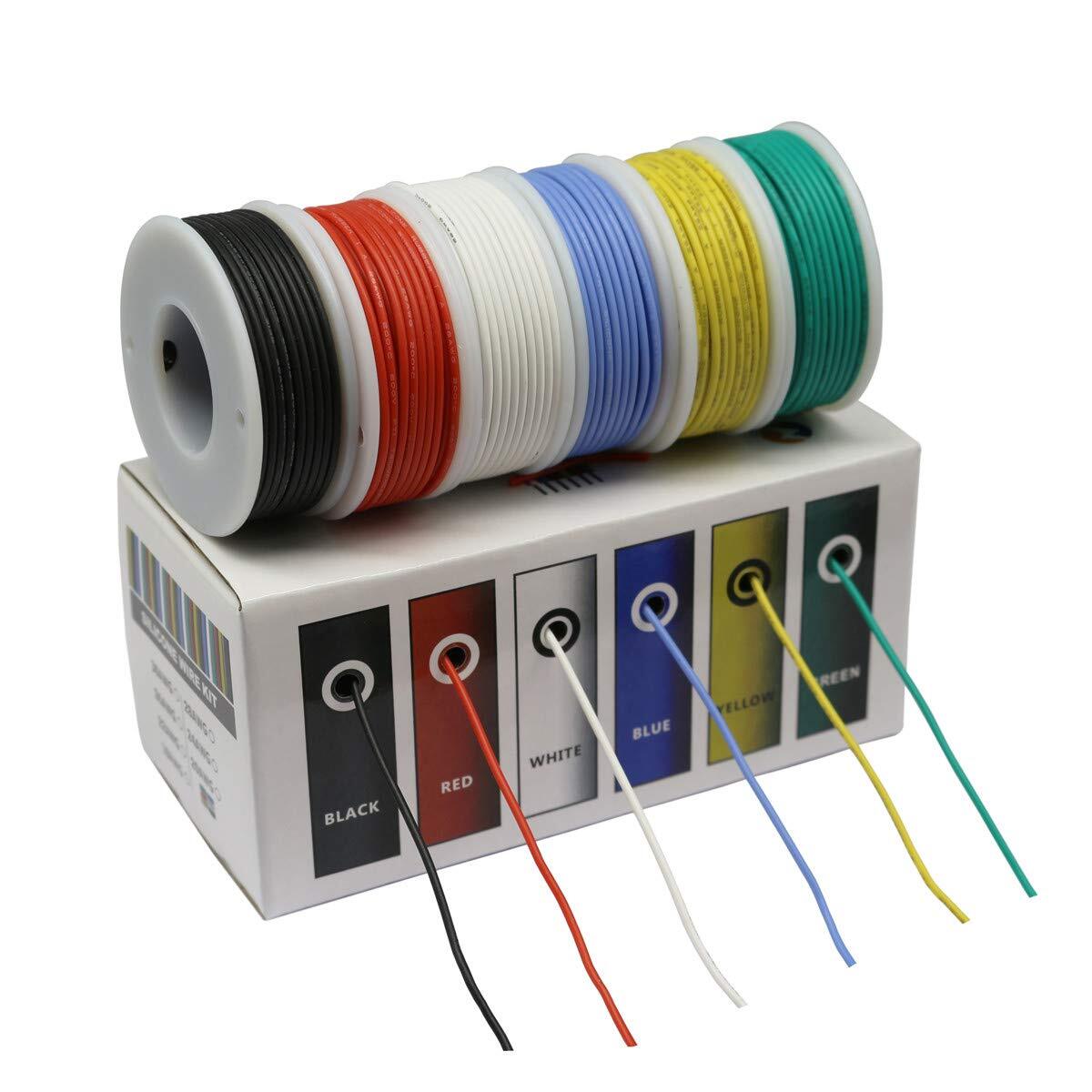 Flexible Silicone Rubber Electric Wire Kit 20 Gauge 6 Colors 19.6 feet Each