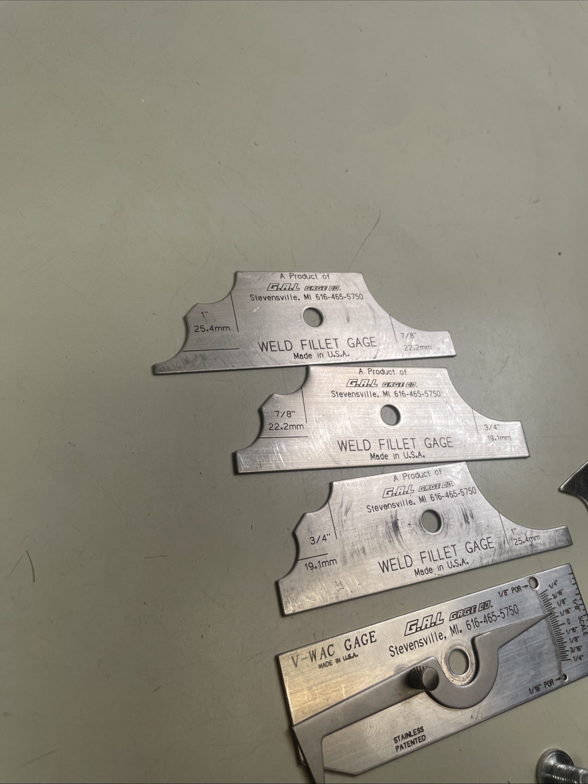 G.A.L. Gage Co. – V-Wac Gauge Weld Fillet Gages 1” 7/8” 3/4” 5/8” 1/4” USA Used