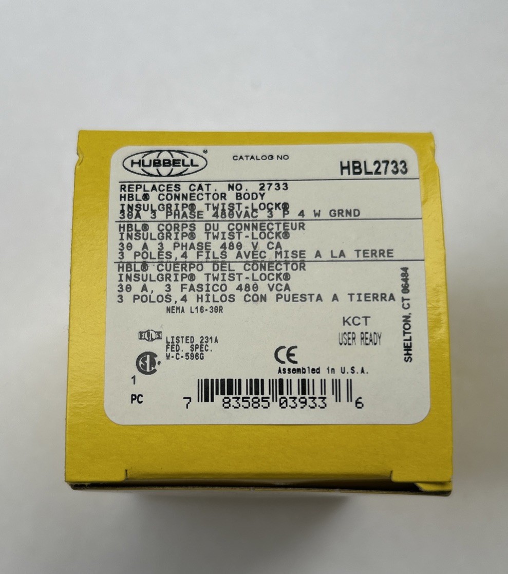 Hubbell Hbl2733 30A Twist-Lock Connector 3P 4W 480Vac L16-30R Bk/Wt