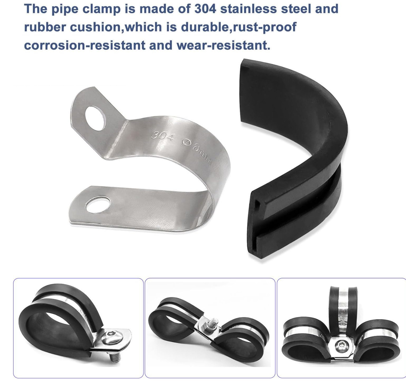 136PCS Cable Clamps Assortment Kit,10 Sizes 304 Stainless Steel Rubber Cushion