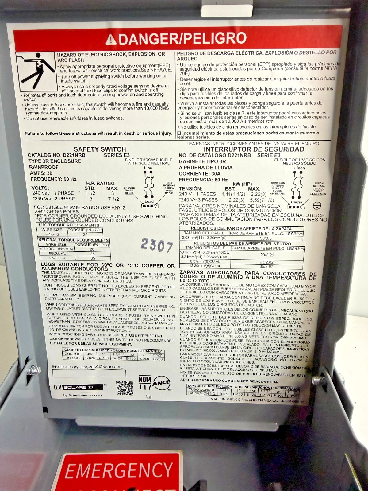 New Square D D221NRB Safety Switch Disconnect Single Phase. NEW