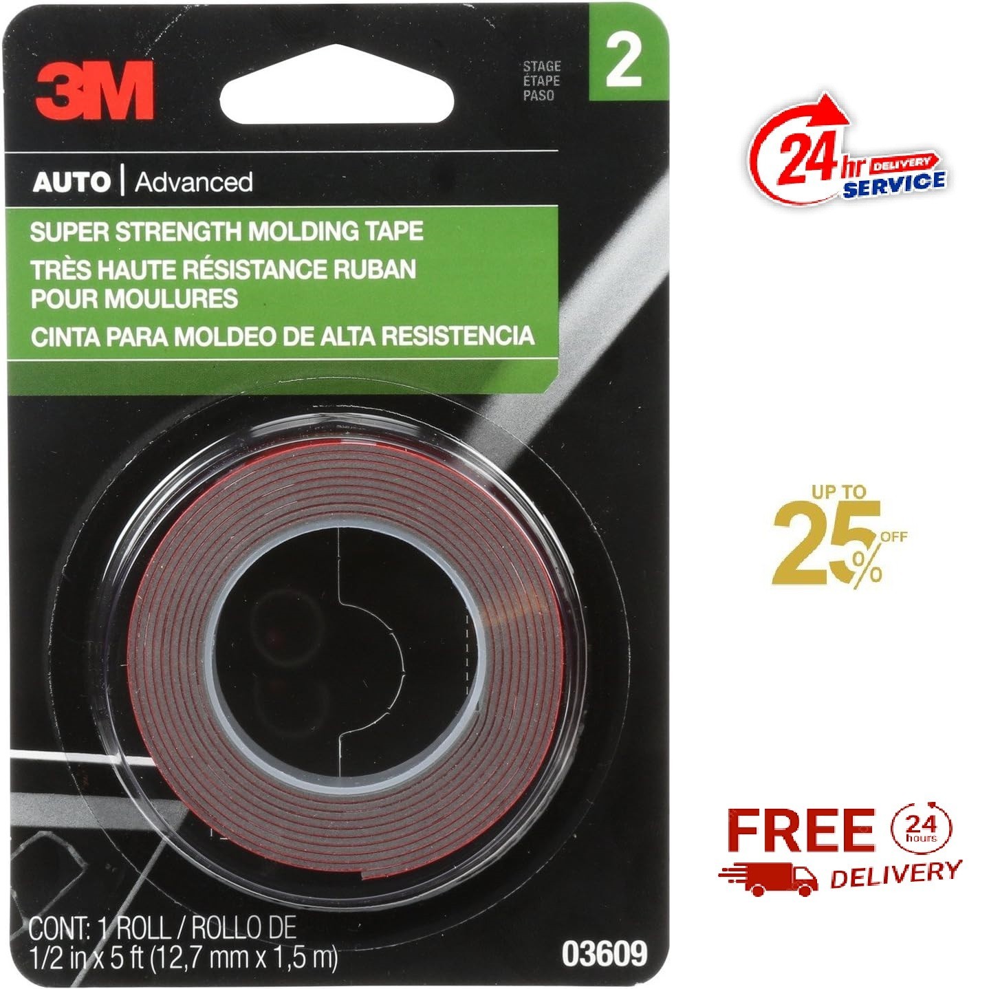 3M Automotive Super Strength Molding Tape, Double-Sided Adhesive, 1/2″ x 5 ft, 1