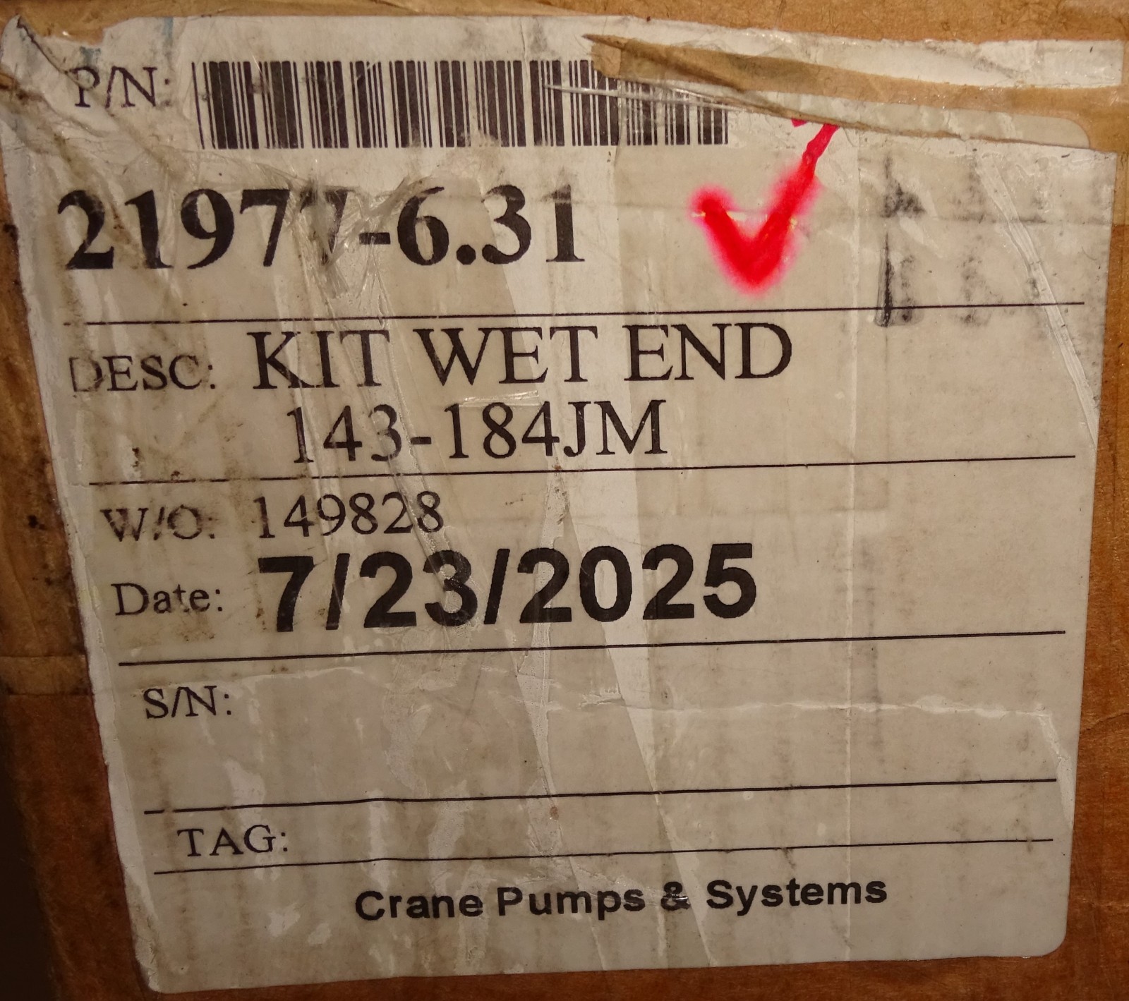 Burks 21977-6.31 Wet End Pump Kit 143-184JM For Series G6-2-1/2 NEW