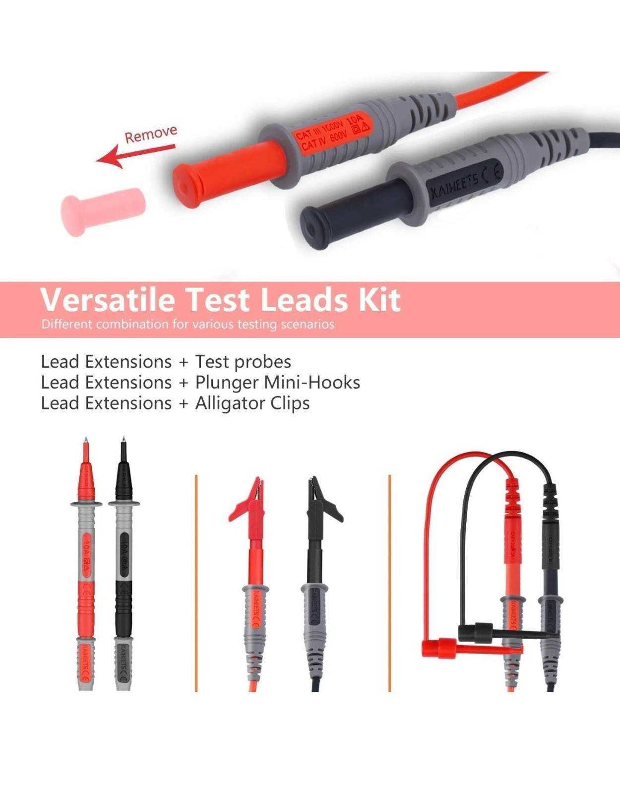 KAIWEETS Soft Silicone Electrician Test Leads Kit CAT 9PCS, NEW W/ Carrying Case