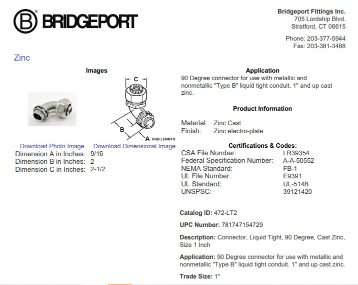 10 Bridgeport 1″ 90° Liquid Tight Flexible Conduit Connectors, Zinc 472-LT2