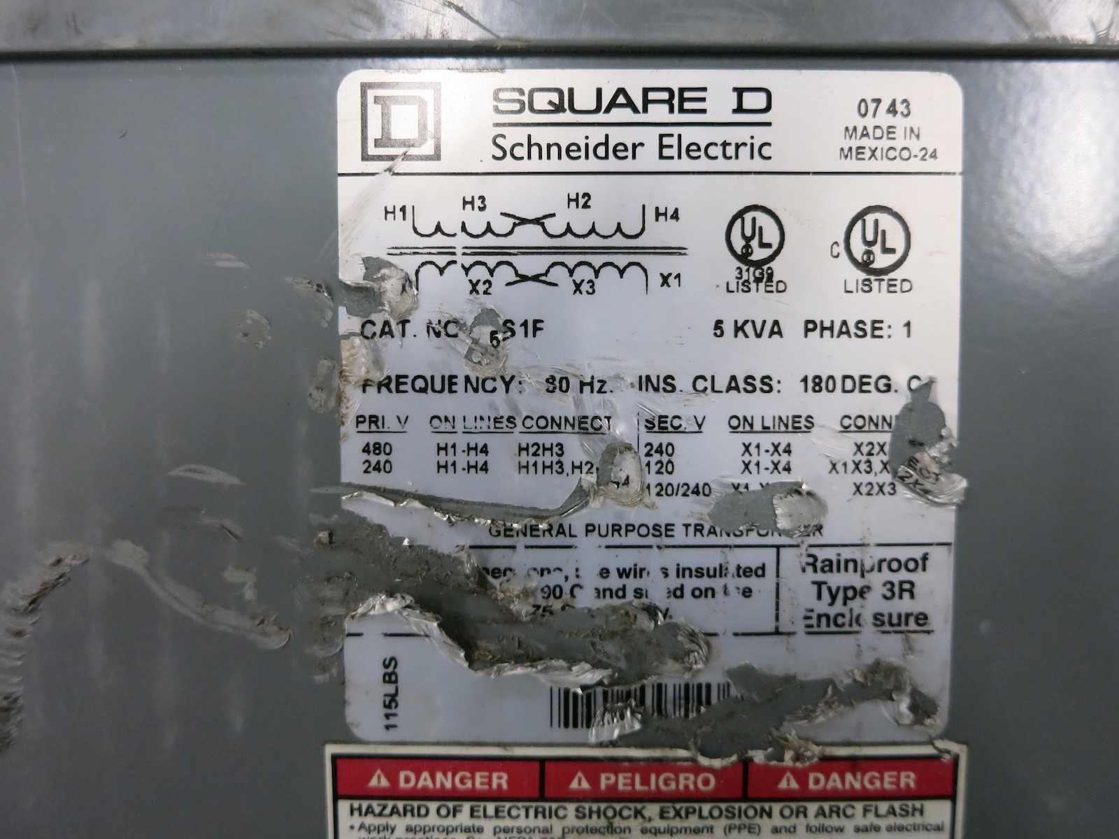 Square D 5S1F 5 kVA 240×480 – 120/240 1PH Dry Type Transformer 3R 240 480 Single