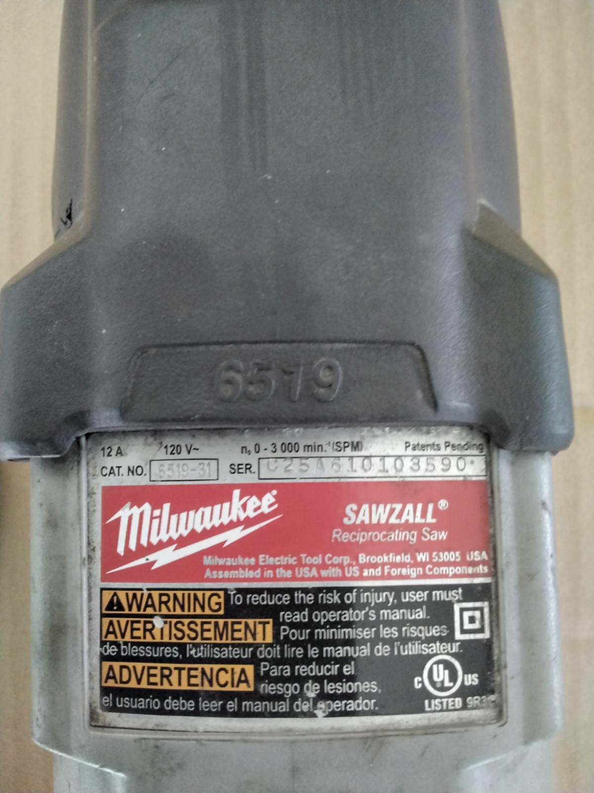 Milwaukee 6519-31 Sawzall Reciprocating Electric Corded Saw 12amp Works Perfect