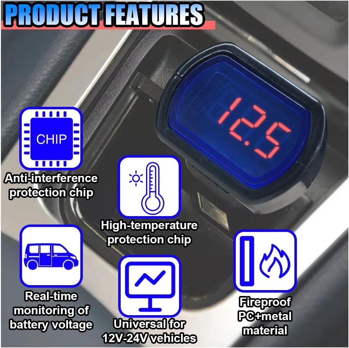Car LED Digital Voltmeter, DC 12V/24V Cigarette Lighter Voltage Meter, Volt Gaug