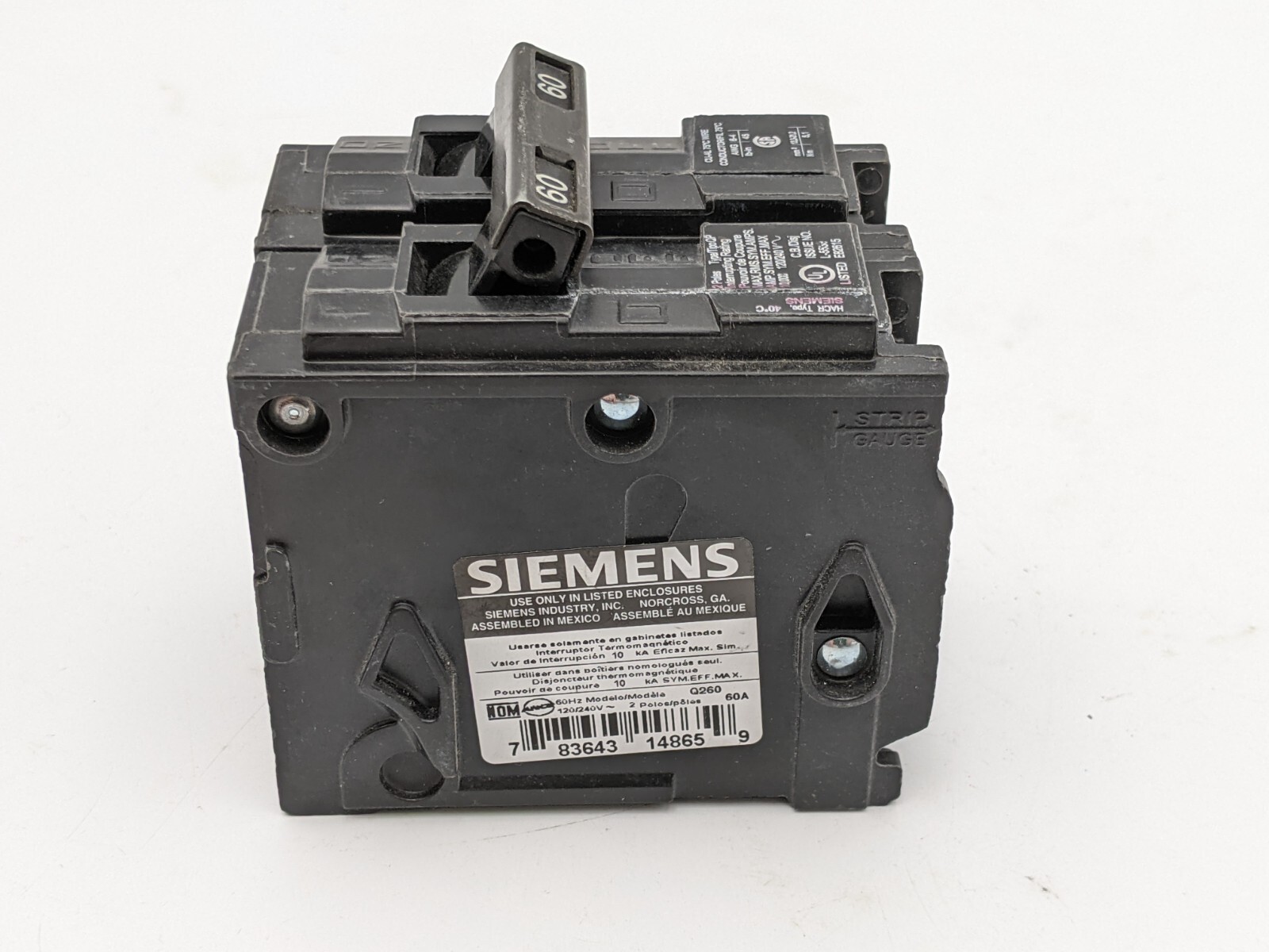 Siemens Q260 Plug-In Circuit Breaker 60A 240V 2P 1PH QP 60 AMP 240 Volt 2 Pole