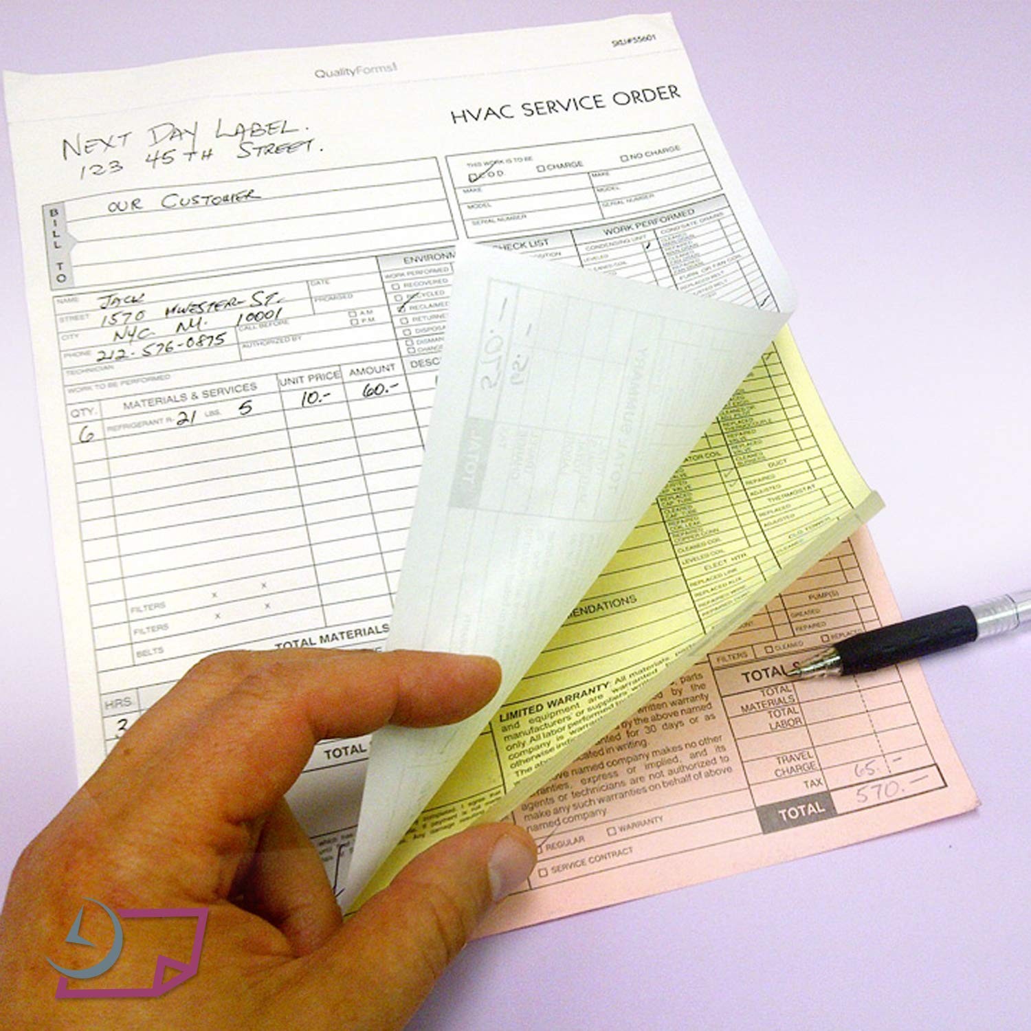 HVAC Service Order Invoice & Repair Detail Form, 3 Part 100 Pack – No Name
