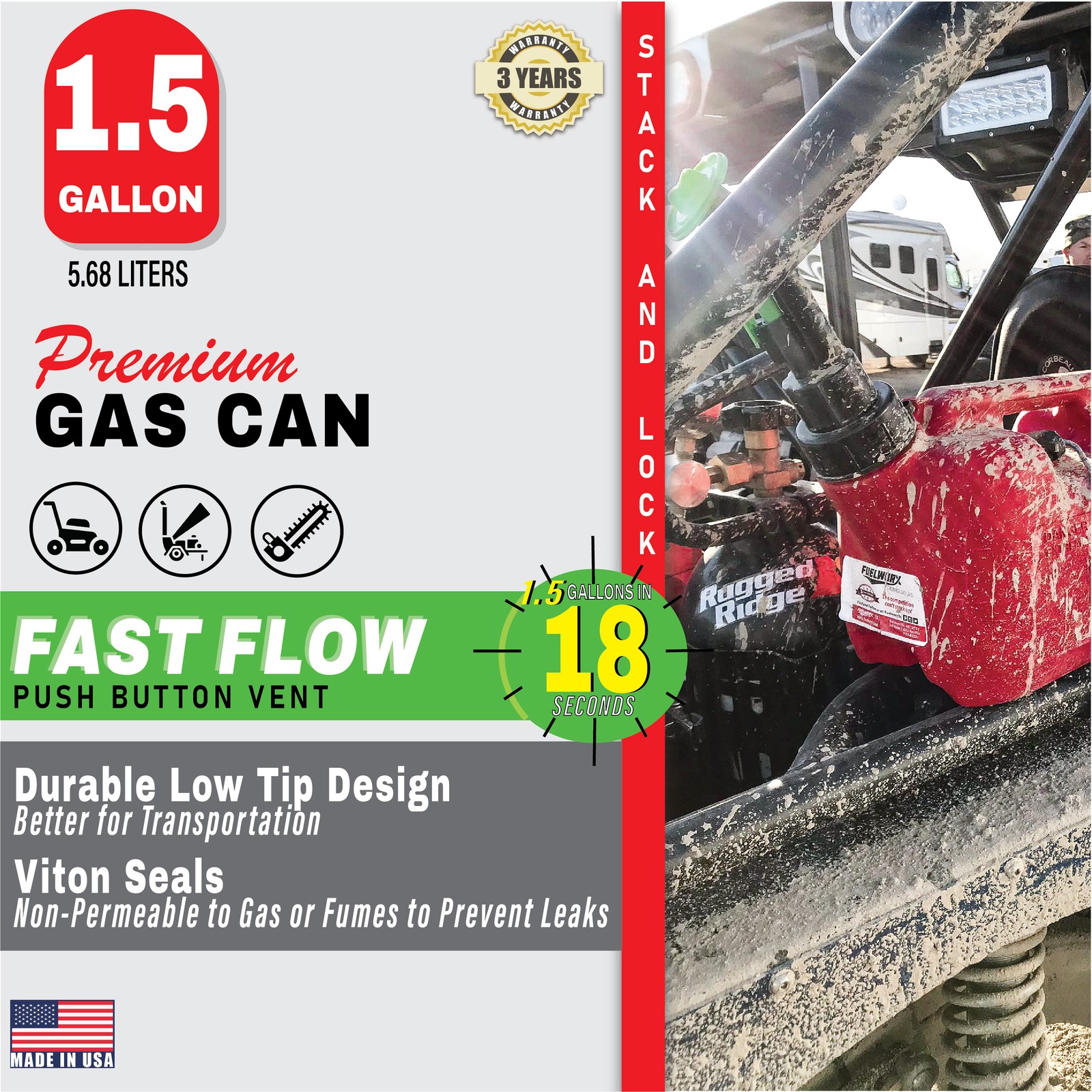 Fuelworx Stackable Easy Pour 1.5 Gal Vented Fuel Can Made in USA CARB Compliant