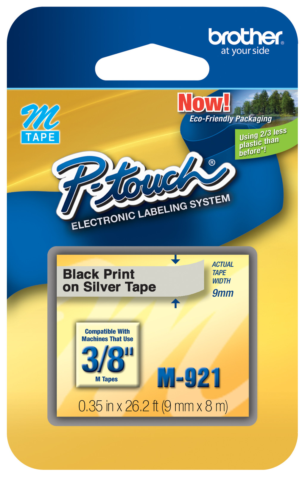 Brother M921 P-Touch Tape 3/8″ Black on Silver M-921 9mm PT-65, PT-70, PT-80