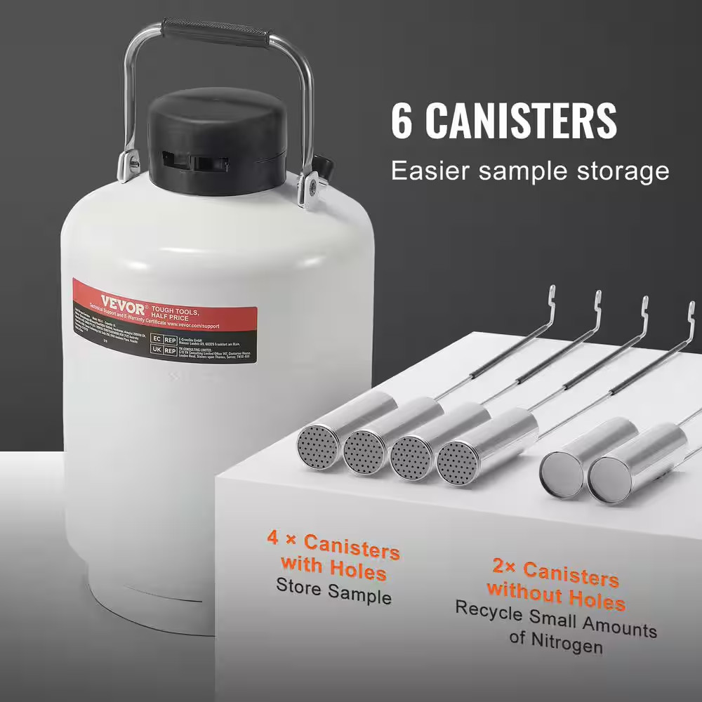 Liquid Nitrogen Tank 10 L Aluminum Alloy LN2 Container Dewar 6 Canisters, Carry
