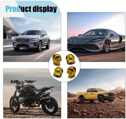 4PCS Skull Style Tire Valve Stem Caps, Antirust Copper Core Stem C Color: Gold