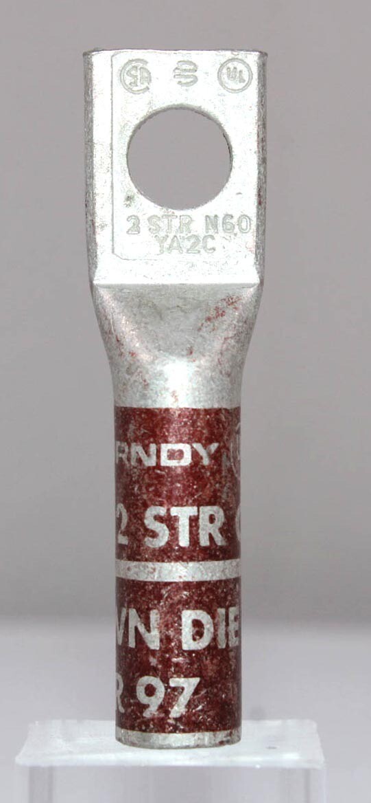 Burndy YA2CN Compression Lug 2 AWG 1 Hole 1/2 Inch Stud Long Barrel Copper