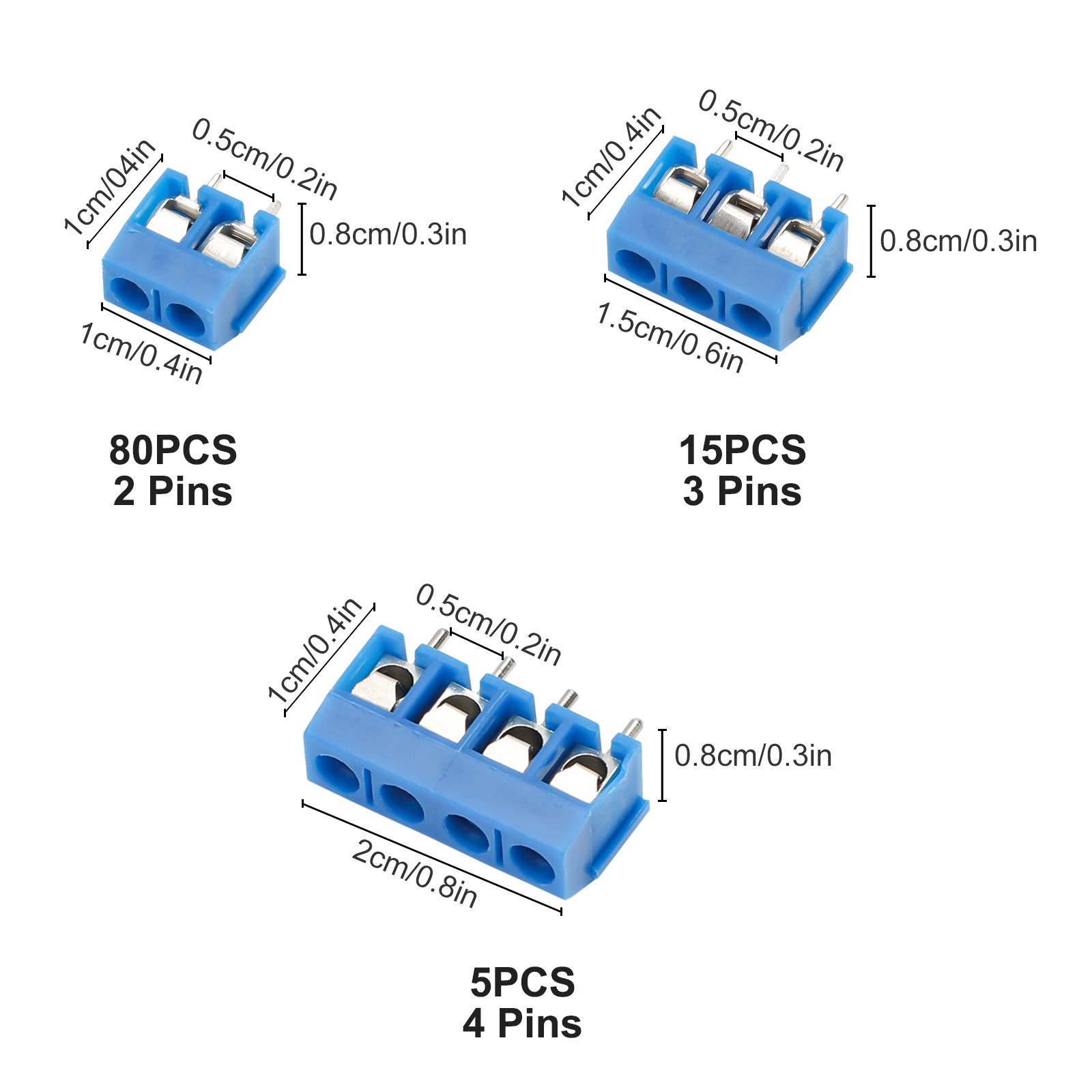100PCS PCB Screw Terminal Block 2/3/4 Pin 5mm Pitch for Electronics Projects DIY