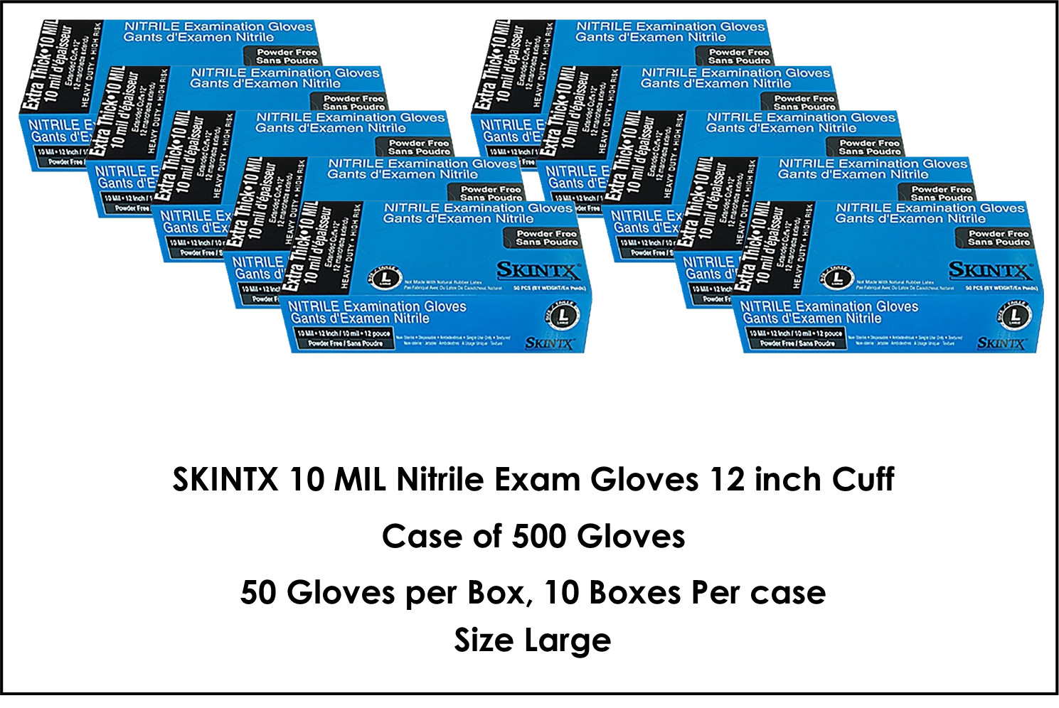 Skintx 10 Mil Nitrile Exam Gloves 12 inch Cuffs Size Large ET50015 Case of 500