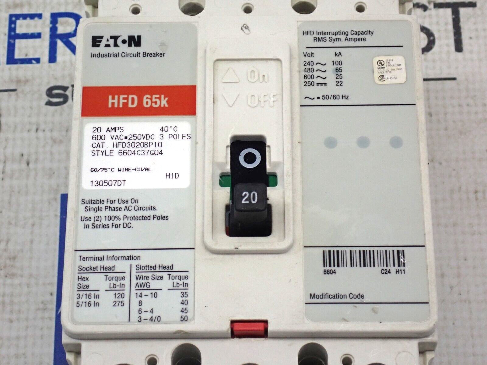 Eaton HFD3020 3 Pole 20 Amp 600 Volt 65kA@480V HFD Circuit Breaker – Tested