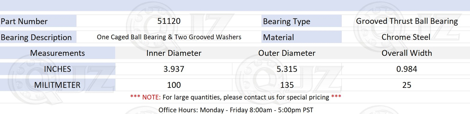 [1-Pack] 51120 Grooved Thrust Ball Bearing Set [100 mm ID x 135 mm OD x 25 mm W]