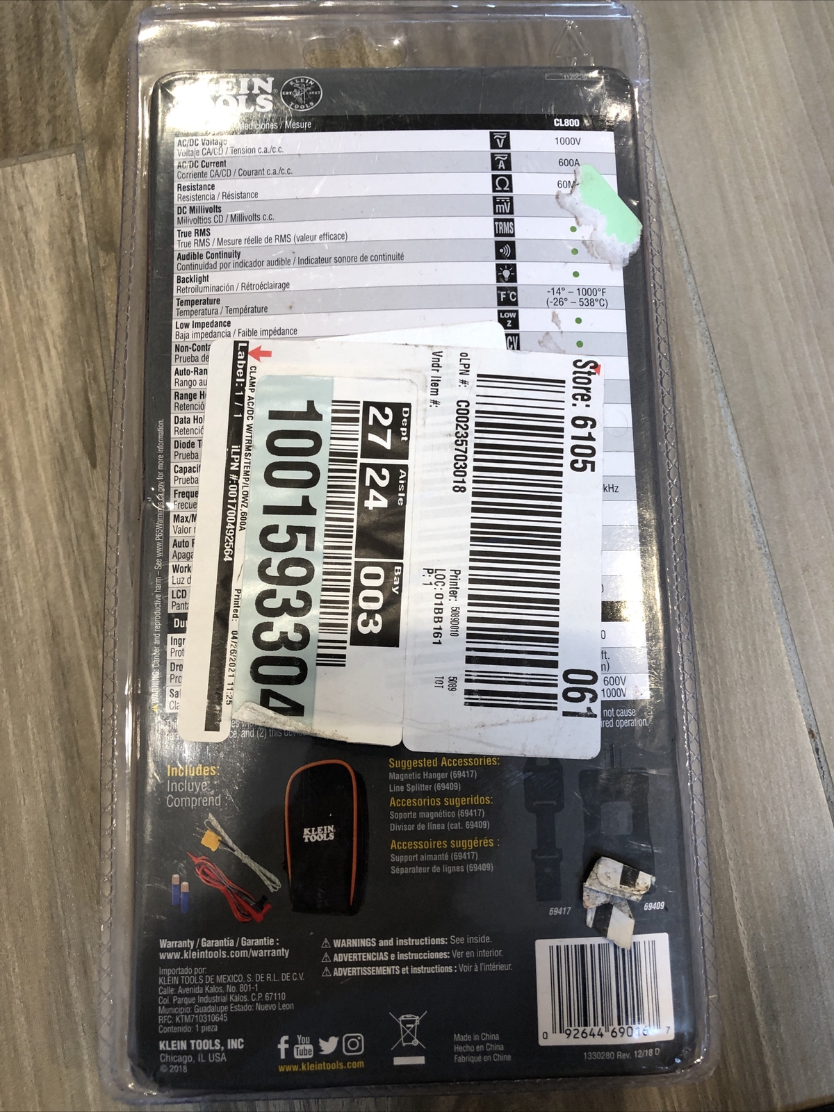 Klein Tools CL800 AC/DC True RMS Auto-Ranging Digital Clamp Meter