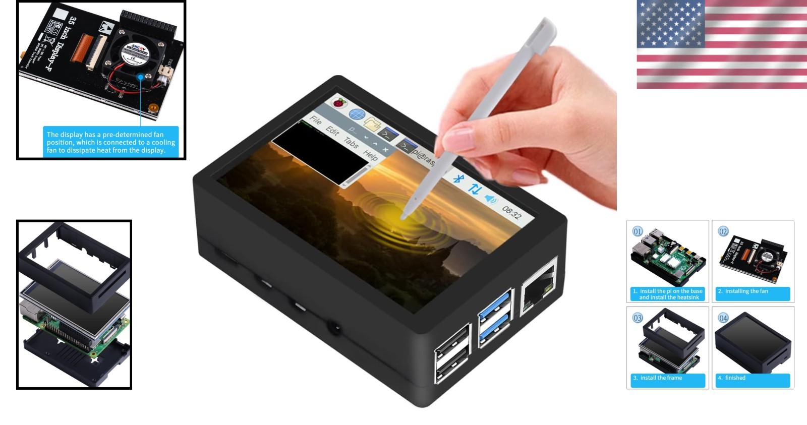 Raspberry Pi 4 Compatible 3.5 Inch Touch Screen with Case and Heatsinks Included
