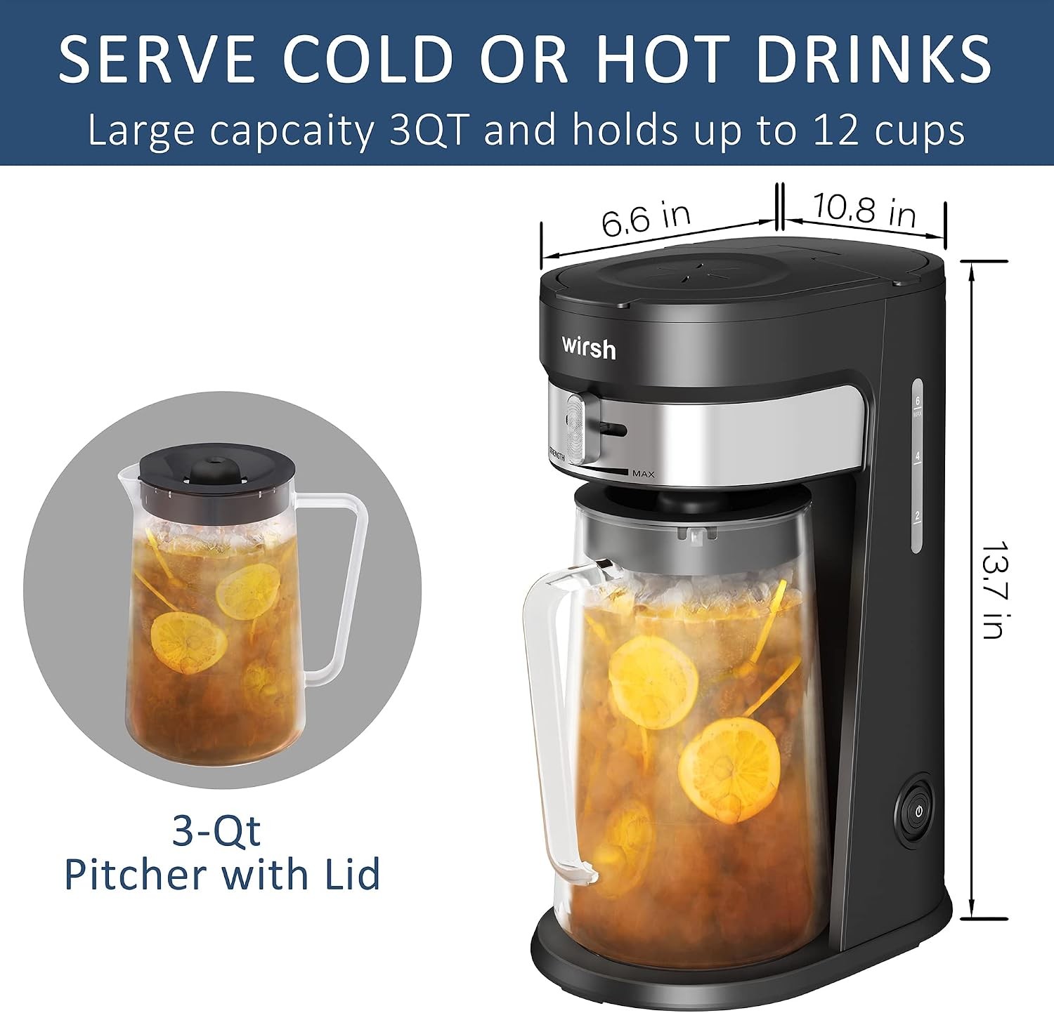 Wirsh 3QT Iced Tea & Coffee Maker, Strength Control, Reusable Filter, Black