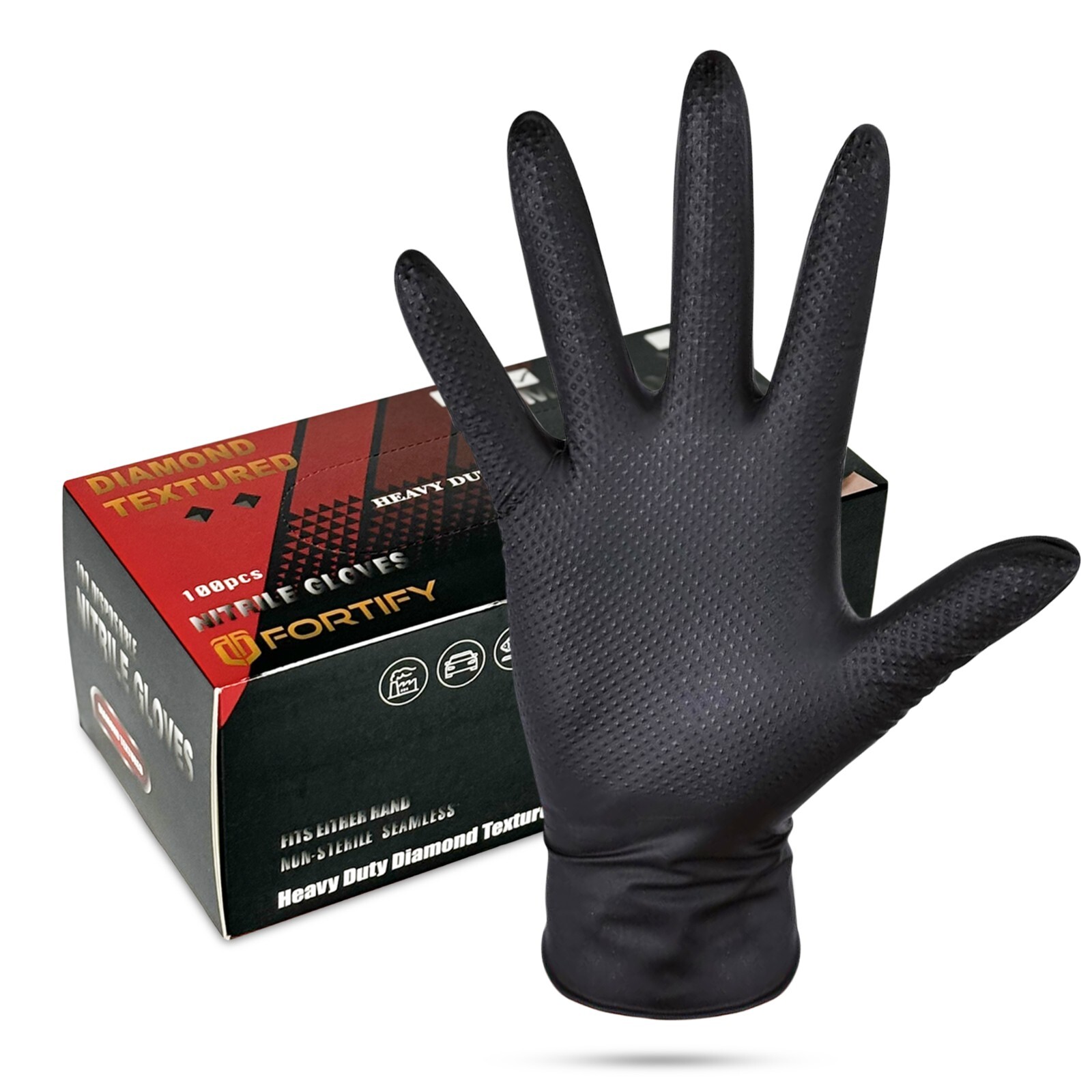 Fortify Diamond Textured Nitrile Gloves – 7mil Heavy Duty, foodsafe (XL) Black