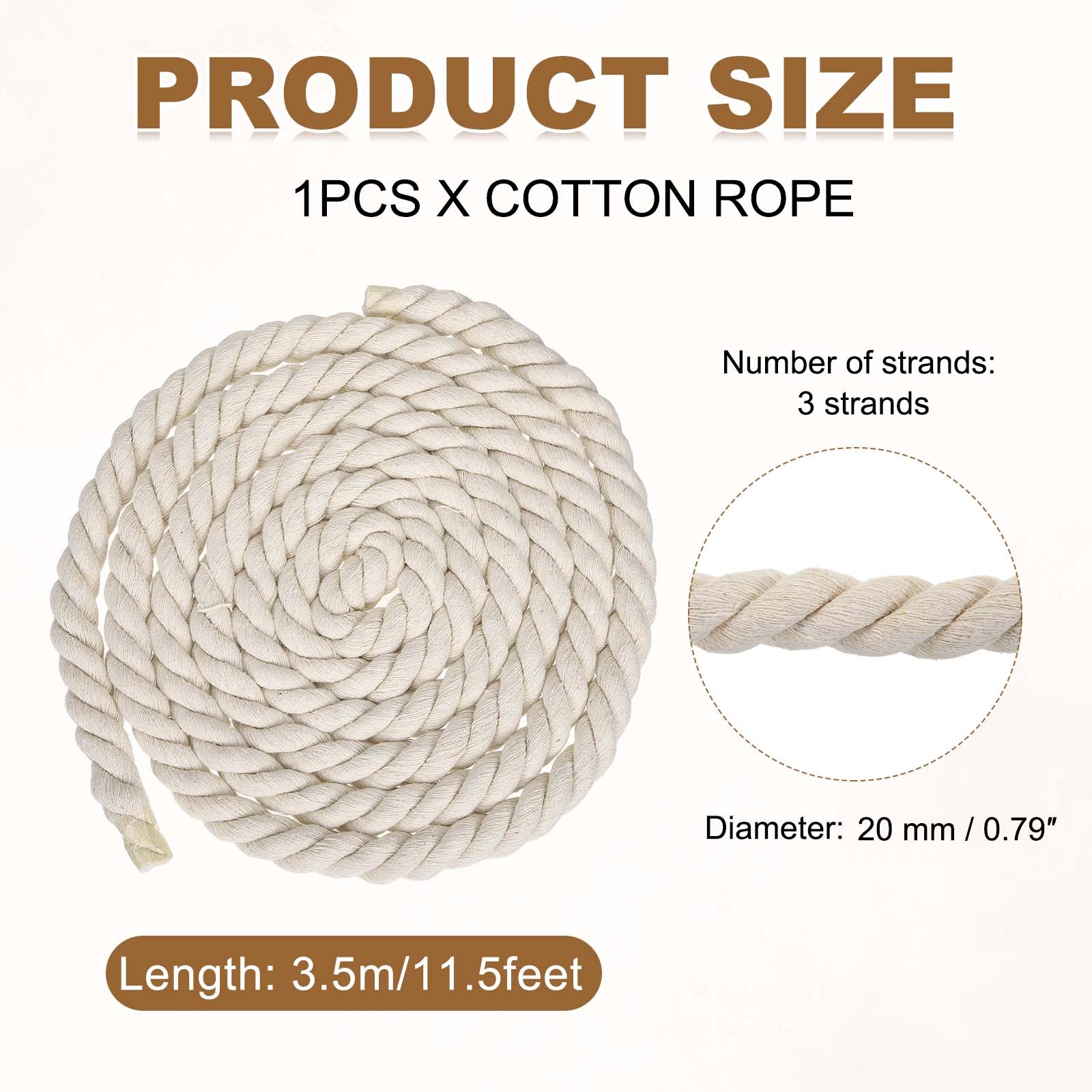 20mm x 11.5 Feet Beige Cotton Rope 3 Strand for DIY Wall Hanging Knotting