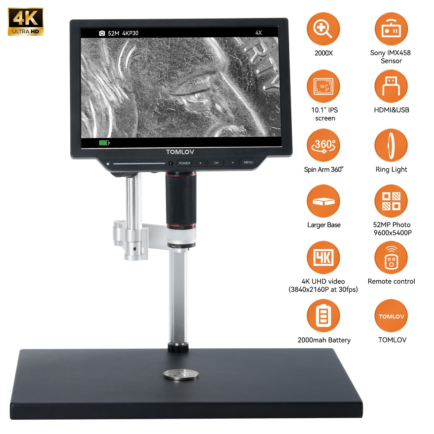 TOMLOV TM4K Max 4K Coin Microscope Sony IMX Sensor Digital Microscope 2000x Came