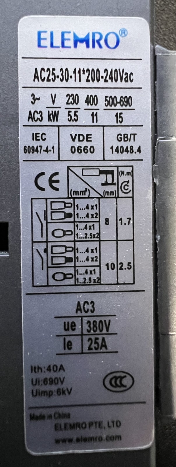NEW AC50-30-11 *200-240V Contactor 50A 22KW/400V Elemro Schutz 3‑pole