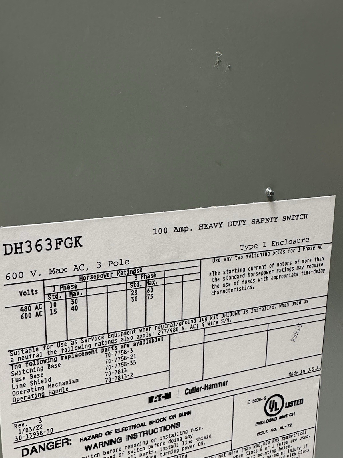Eaton DH363FGK Heavy Duty Safety Switch 100 Amp 3 Pole 600 Vac