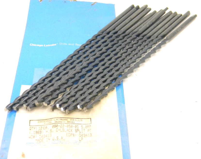 LAST ONES!! 12 NEW SURPLUS CHICAGO-LATROBE 5.00mm PARABOLIC TWIST DRILLS .1969″