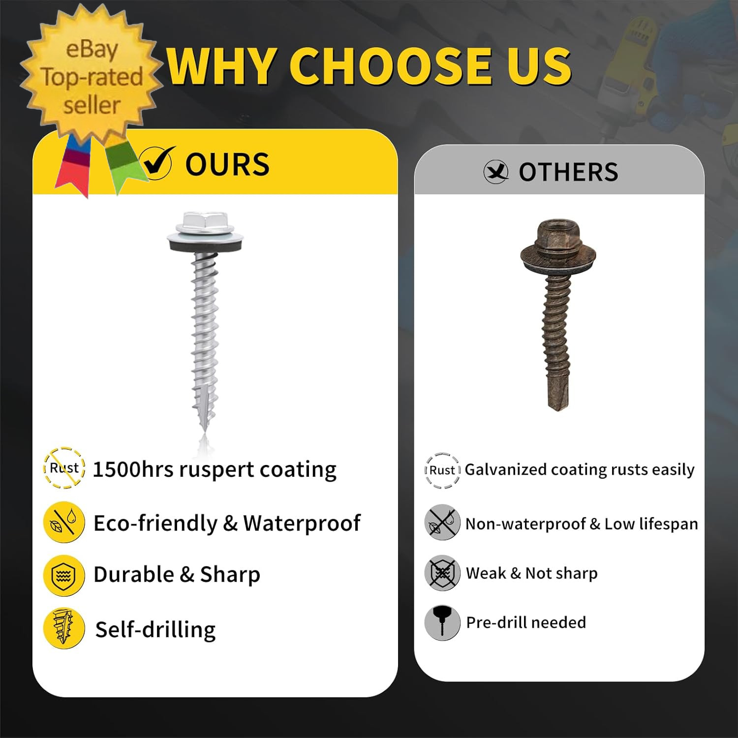 Metal Roofing Screws #10 X 1-1/2″, 300 PCS, RUSPERT Hex Head Rubber Washer Shee