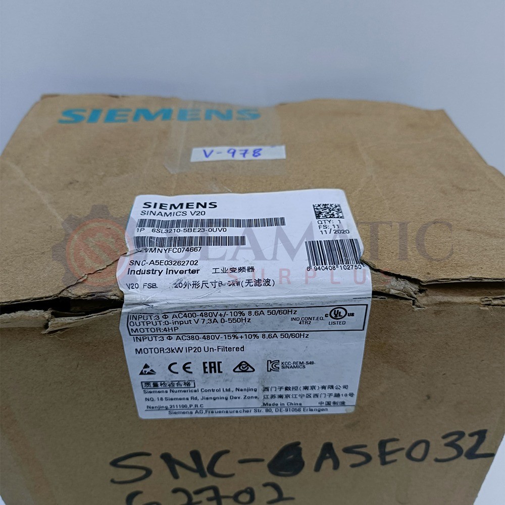 New Siemens 6SL3210-5BE23-0UV0 Inverter Drive, 3 kW, 3 Ph, 400 Vac, 7.3A, V#978