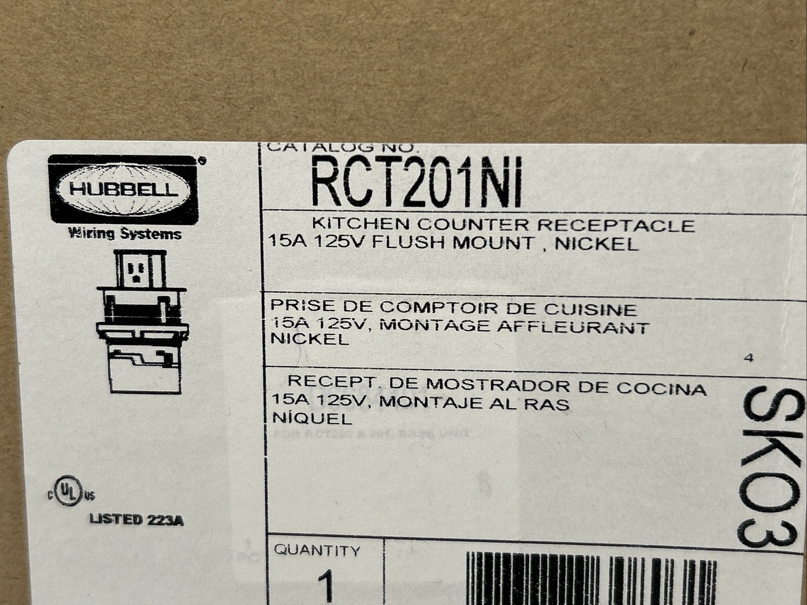 Hubbell RCT200NI Kitchen Counter Receptacle 15A 125V Flush Mount Nickel New Open