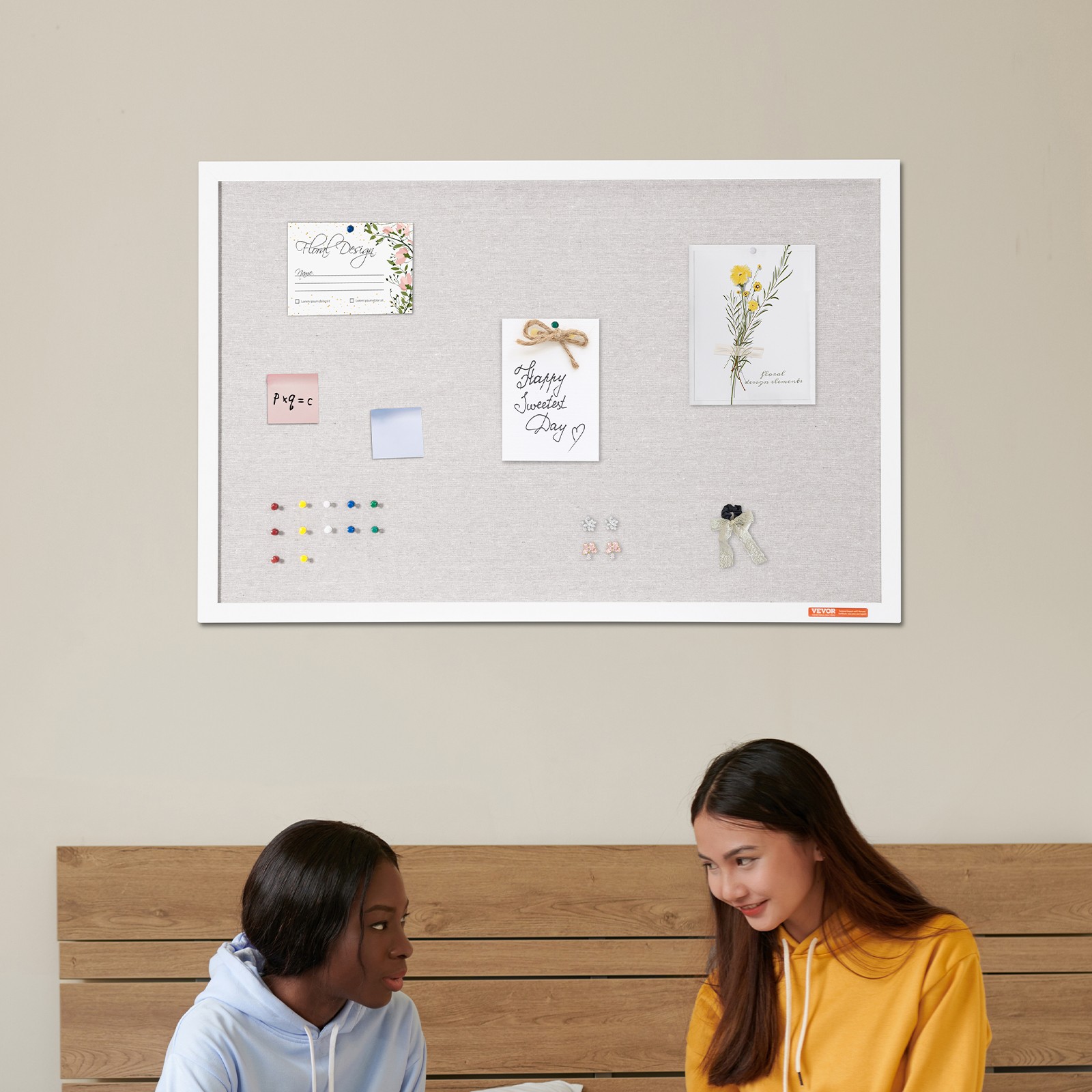 VEVOR 36″x24″ White Cork Board with Linen Surface Wall-Mounted Bulletin Board