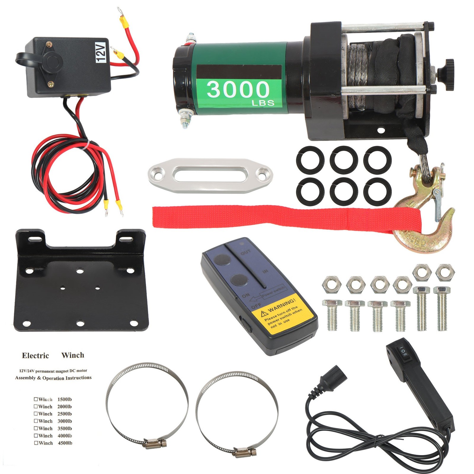 Electric Winch 3000 lbs 12VDC/1.3HP Synthetic Rope for Towing ATV/UTV 1/4″ Hook