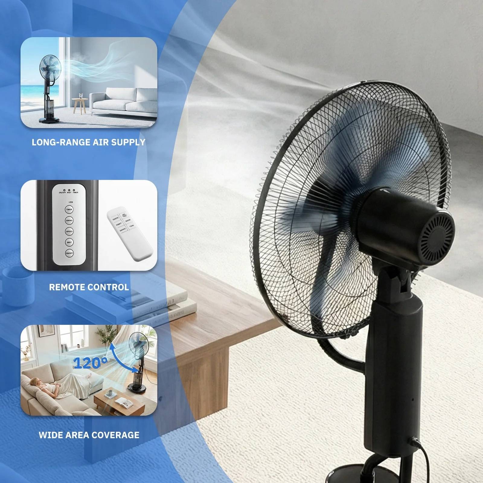 18 inch Portable Misting Cooling Fan w/120° Oscillation, 3 Speeds 5L Water Tank