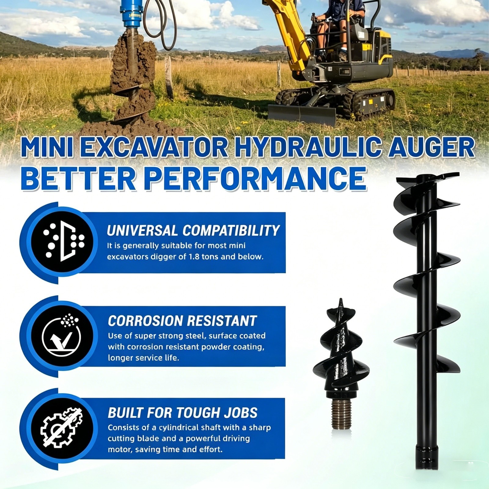 Mini Excavator Attachment Hydraulic 200mm Auger Drill with 30mm Pin FREE SHIP