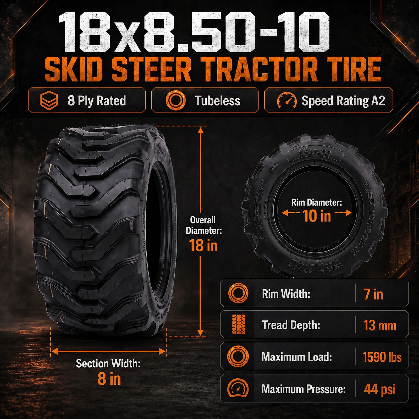 HALBERD 18×8.50-10 Skid Steer Tractor Tires 8 Ply Industrial 18×8.5×10 Tubeless