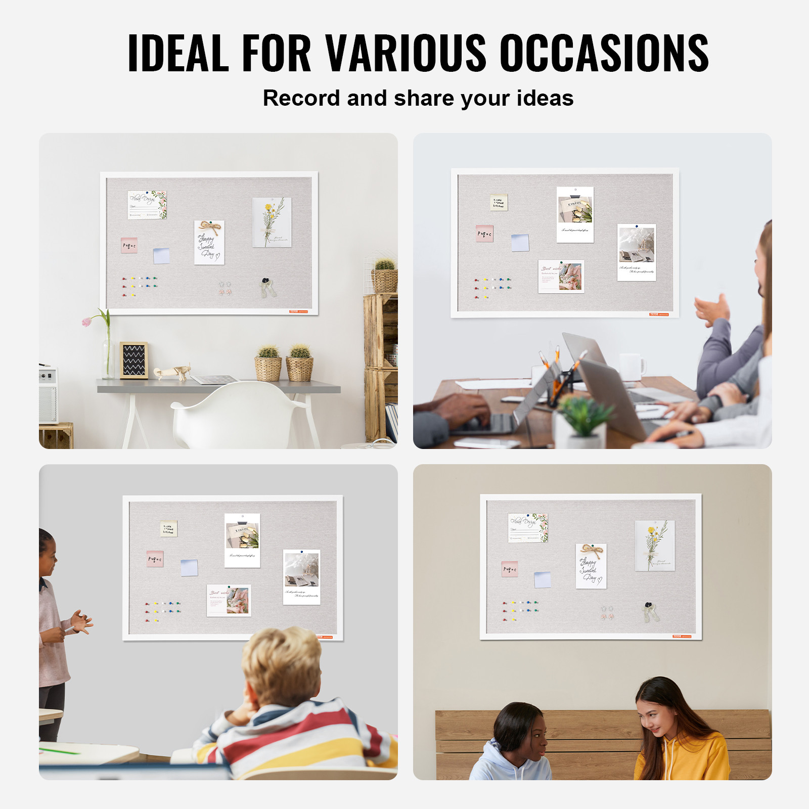 VEVOR 36″x24″ White Cork Board with Linen Surface Wall-Mounted Bulletin Board