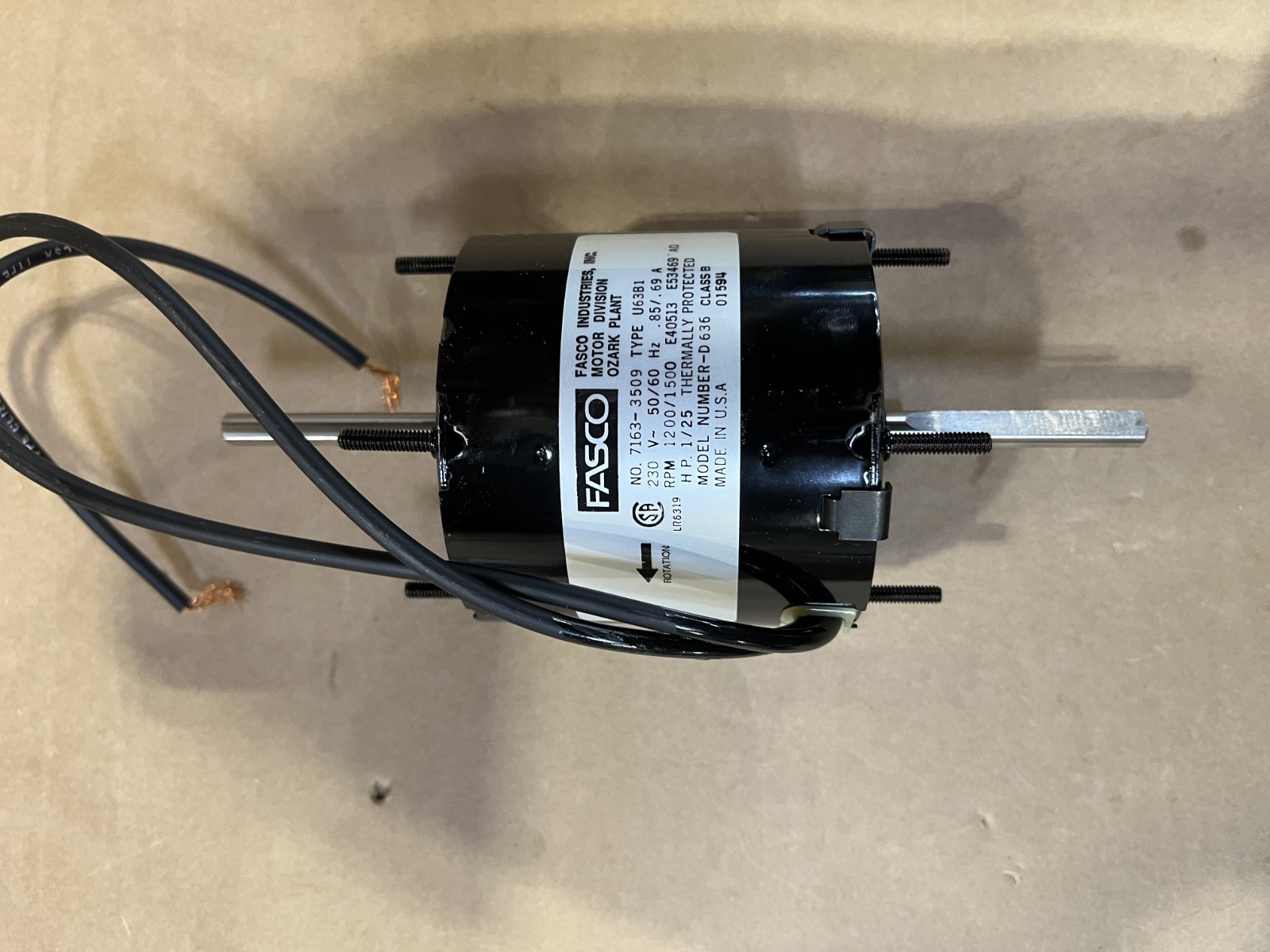 Fasco D636 Shaded Pole Motor 1/25 HP 1500 RPM 230 Volt .85-.69 Amps 50-60HZ