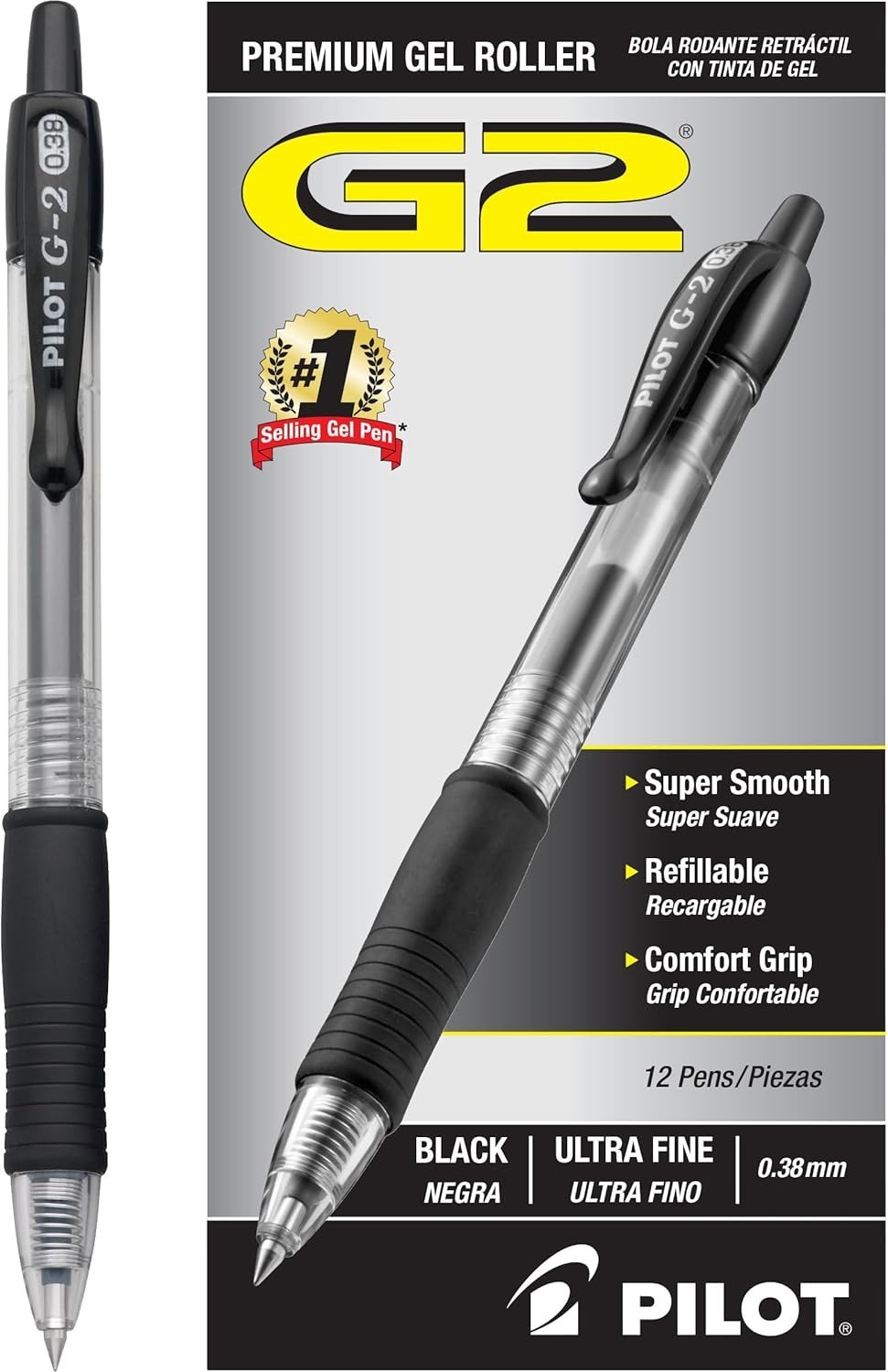 Pilot, G2 Premium Gel Roller Pens, Ultra Fine Point Gel Pens 0.38 Mm, Pack of 12