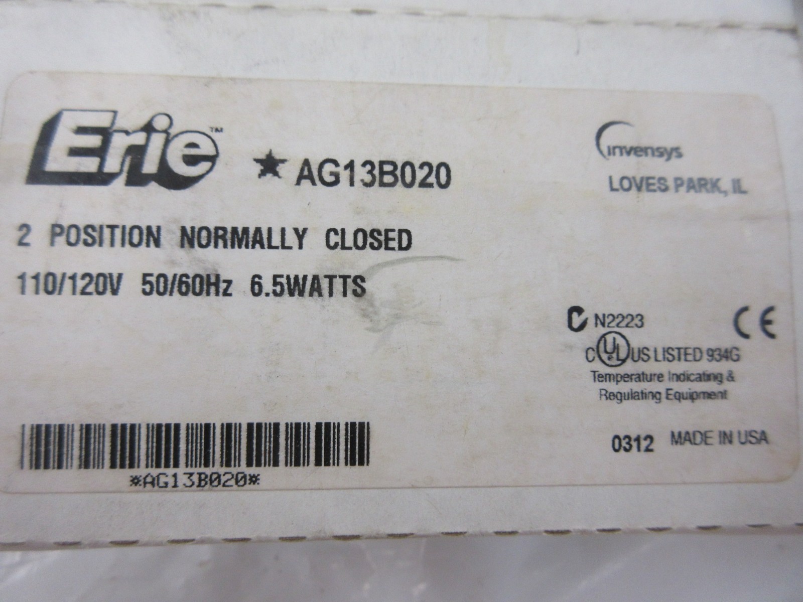 ERIE AG13B020 POPTOP *110/120V* ACTUATOR FOR 2 POSITION NORMALLY CLOSED VALVE