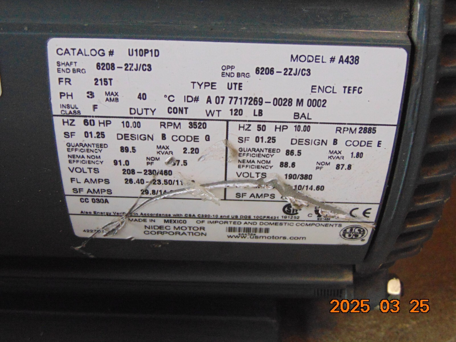 NIDEC US MOTORS U10P1D 10HP MOTOR MODEL A438 3-PHASE 208-230/460V 3520RPM
