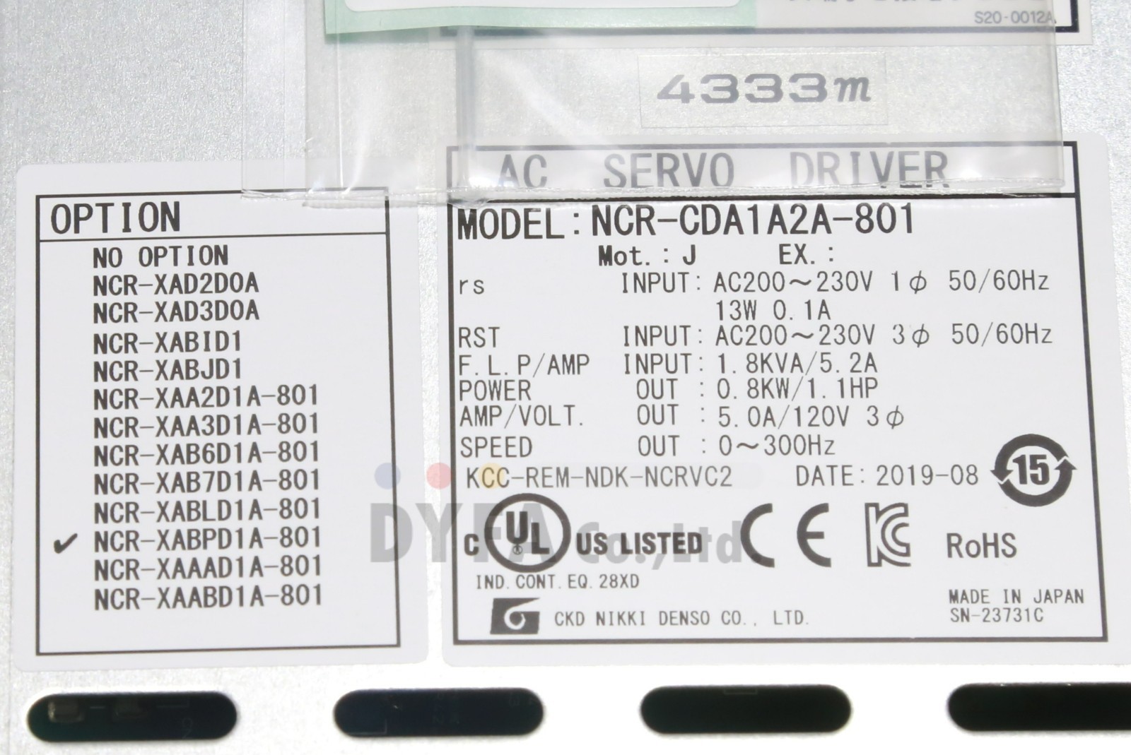 CKD NIKKI DENSO NNB NCR-CDA1A2A-801 AC Servo Driver 0.8kW DRV-I-5006=9B49