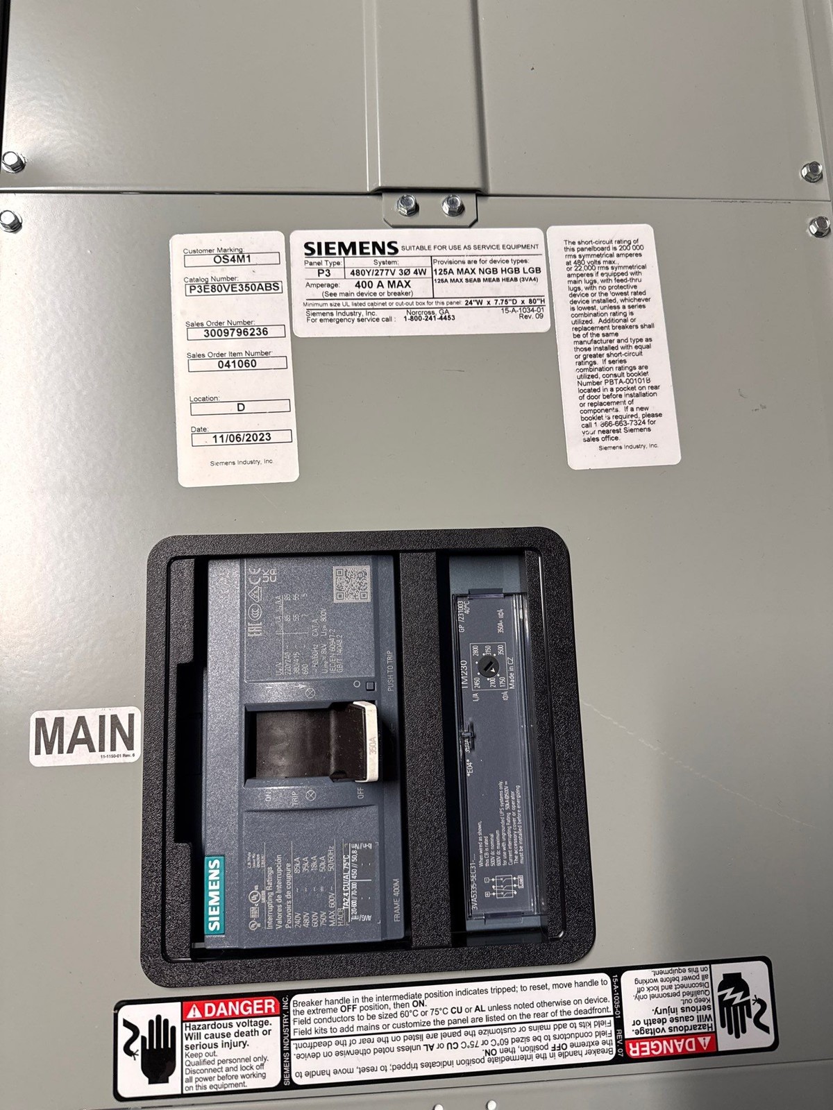 Siemens P3E80VE350ABS Panelboard P3 350A 480/277V 3PH 4W MCB Panel 350 Amp New