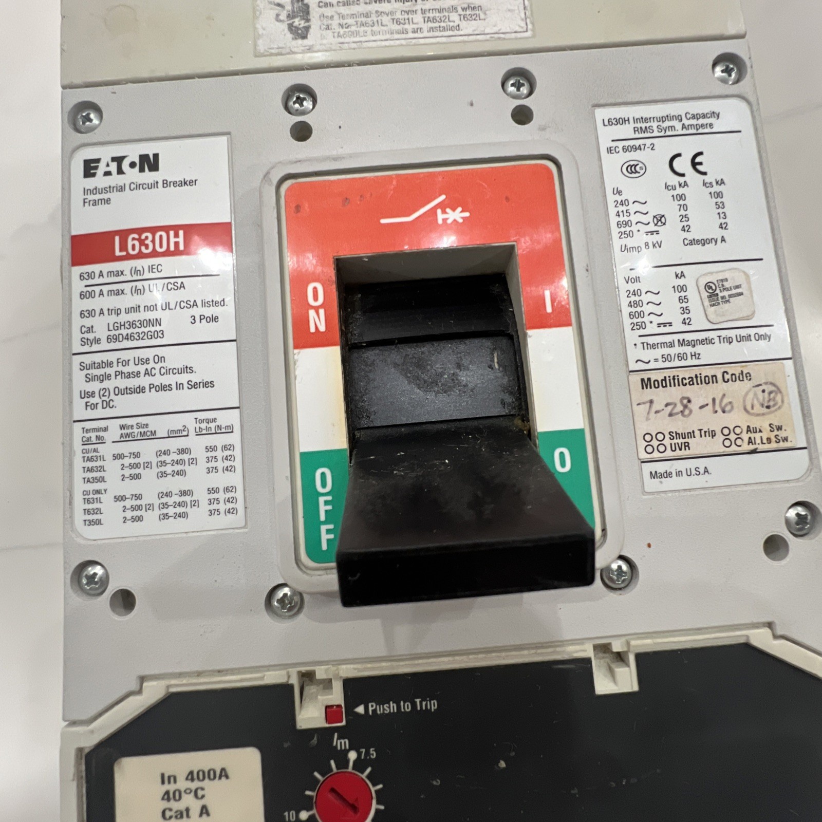 Eaton Circuit Breaker LGH3630NN 600 Amp 600Volt 3 pole W/Trip Unit