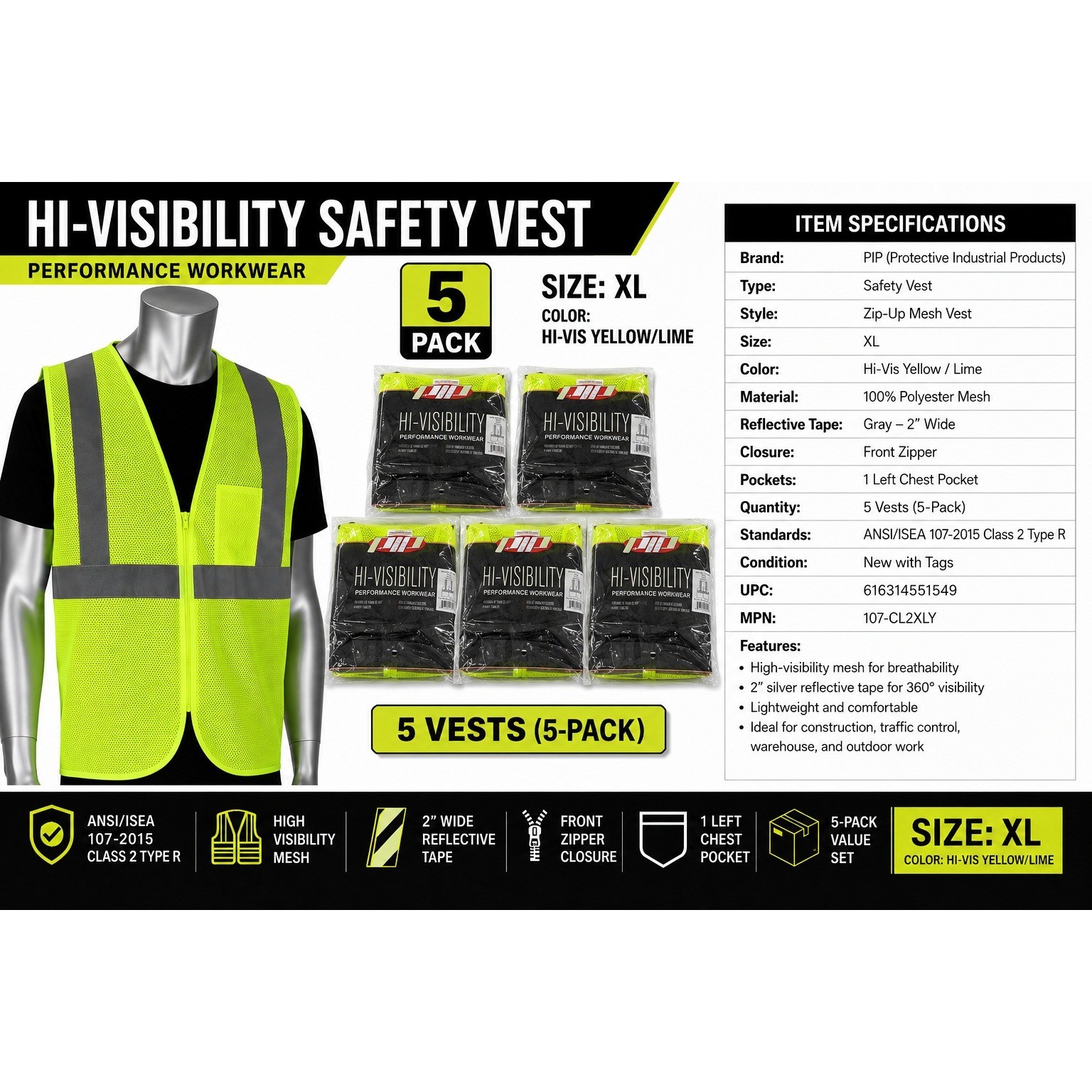 PIP Hi-Visibility Safety Vest 5-Pack XL Lime Yellow Mesh ANSI Class 2 107-CL2XLY