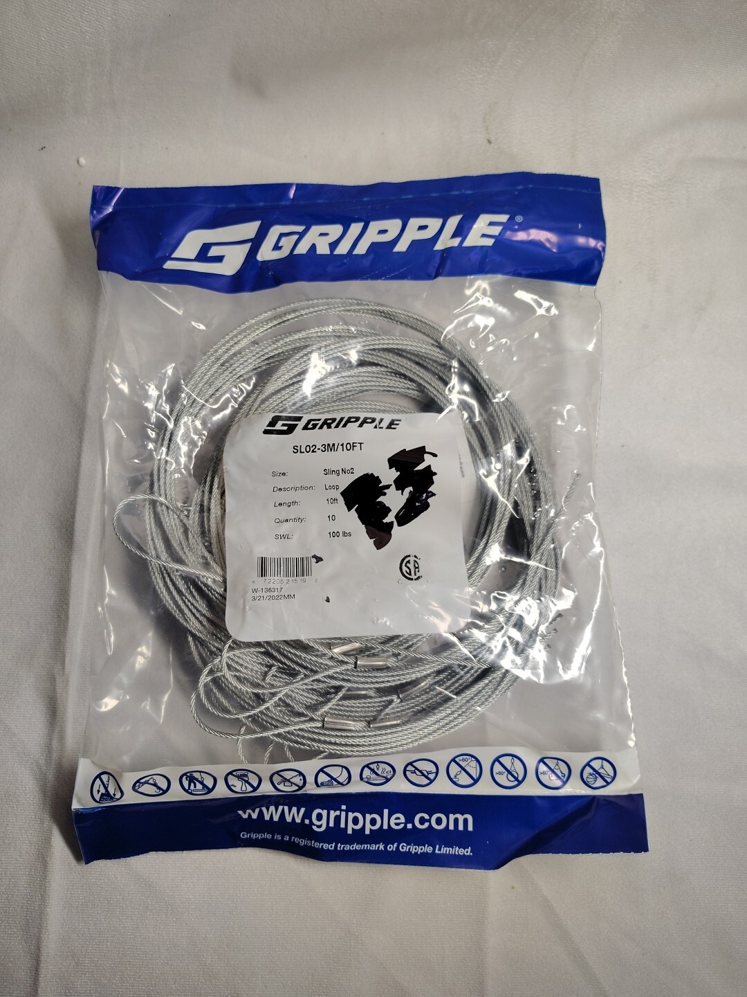 GRIPPLE SL02-3M/10FT SLING No2 100lbs 10per Bag Loop